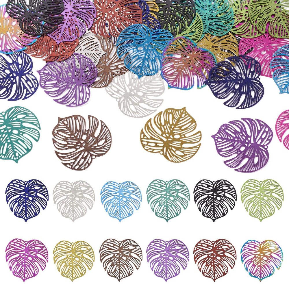 5161 48Pcs Stainless Steel Leaf Charms Pendants Rainbow Filigree Leaf